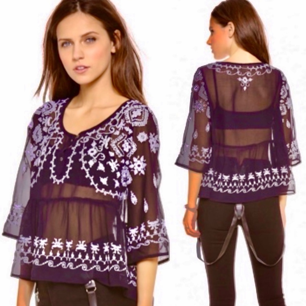 πΊπHPππΊ NWT Free People Pennies Sequel Embroidered Blouse - Picture 7 of 16